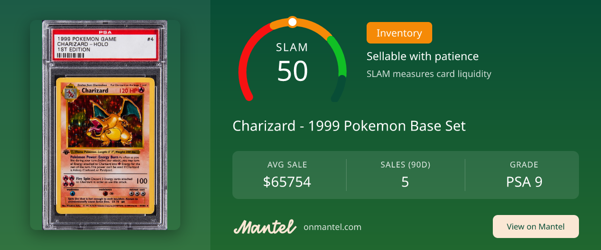Charizard - 1999 Pokemon Base Set SLAM Score - PSA 9 - Mantel