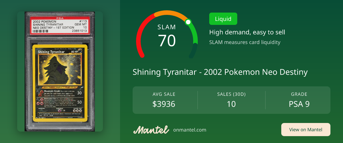 Shining Tyranitar - 2002 Pokemon Neo Destiny SLAM Score - PSA 9 - Mantel