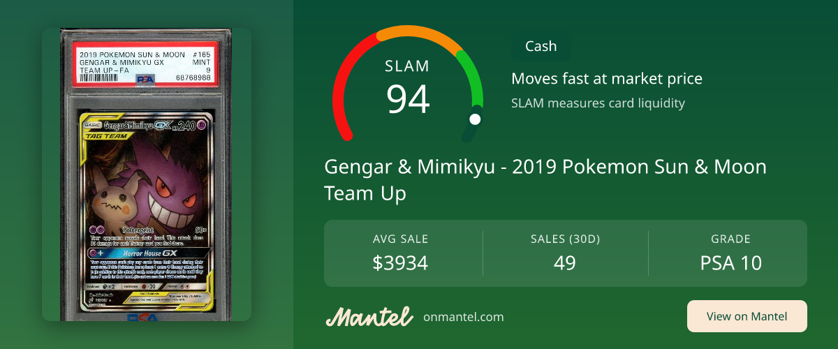 Gengar & Mimikyu - 2019 Pokemon Sun & Moon Team Up SLAM Score - PSA 10 - Mantel