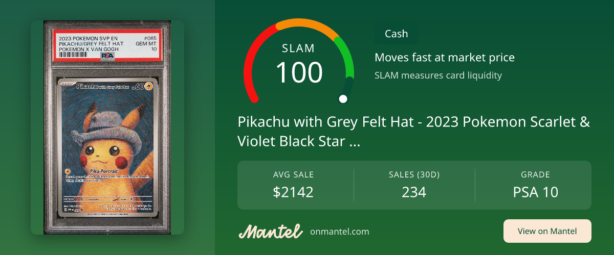 Pikachu with Grey Felt Hat - 2023 Pokemon Scarlet & Violet Black Star Promos SLAM Score - PSA 10 - Mantel